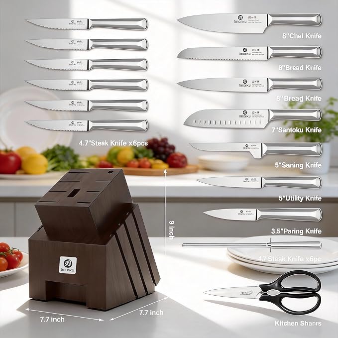imarku 16-Pieces High Carbon Japanese Stainless Steel Knife Set with Block | Kitchen Knife Set|15°Precision Edge |56±2 HRC Hardness|Built-in Sharpener|Ergonomic Handles|Gifts Mom & Dad - Image 9