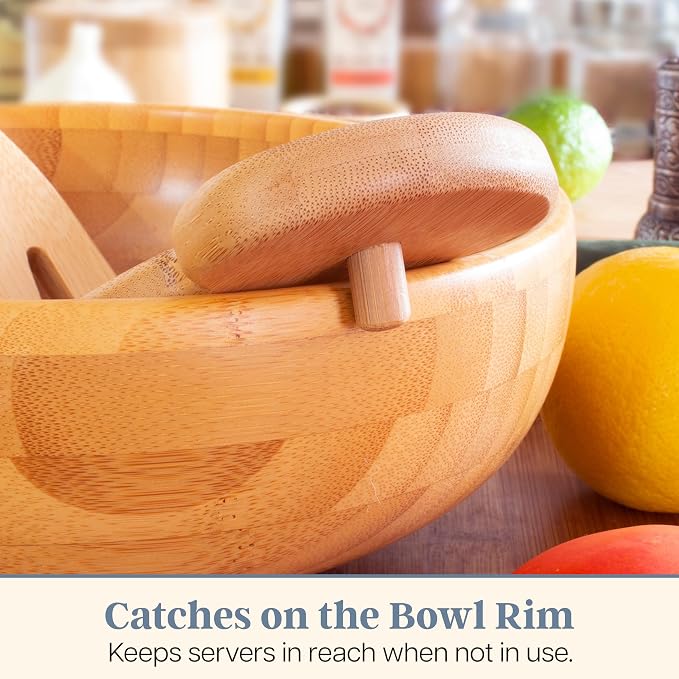 Totally Bamboo Salad Hands, Wood Salad Tongs Alternative for Serving | 2-piece bamboo salad claw servers. Wide scoop for tossing greens, pasta, and fruit. Bowl-grip knob catches on bowl rim. - Image 3