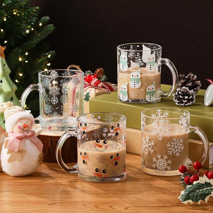 Tioncy 4 Pcs Winter Coffee Glass Mugs 12 oz Christmas Snowman Glass Cups with Handle Winter Coffee Cup Snowflakes Mug White Holiday Gifts Drinking Containers for Xmas Party Supplies - Image 2
