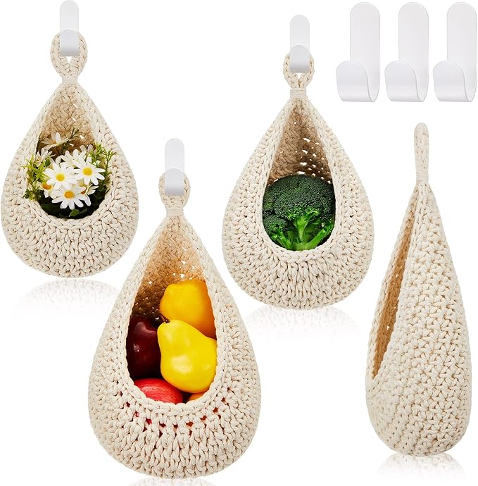 Honeydak Boho Decor Hanging Wall Baskets for Kitchen 3 Pack Teardrop Baskets with Hooks Storage Fruit Onion Vegetable Potato for Home 3 Sizes(White,Teardrop,Cotton Rope) by Honeydak