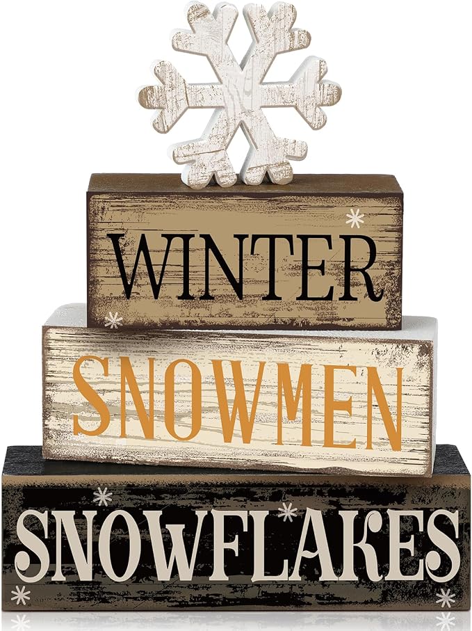 Moucuny 4 Pcs Winter Table Decorations Wooden Snowflake Decor Christmas Tiered Tray Decor Rustic Snow Block Signs Gift Farmhouse Christmas Centerpiece for Winter Wonderland Party Kitchen Shelf Home by Moucuny