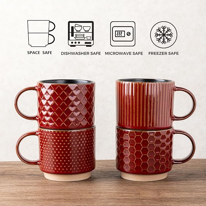 GBhome 12 OZ Stackable Coffee Mugs Set of 4, Ceramic Coffee Cups Set | 4 Assorted Designs, Embossed Mugs with Texture Patterns for Tea/Coffee, Dishwasher&Microwave Safe, Red - Image 6