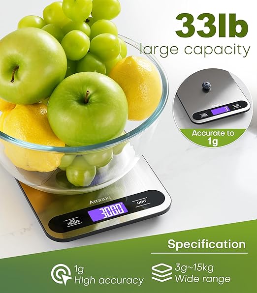 Atogou 33lb/ 15kg Food Scale, Digital Kitchen Scale with Full View LCD Display, Waterproof Stainless Steel Surface, for Cooking, Baking, Meal Prep Black
