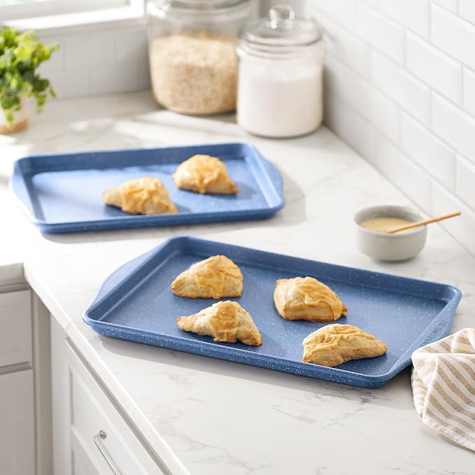 Set of 2 Blue Speckle Nonstick Carbon Steel Baking Cookie Sheet Pans, 11 x 15 & 13 x 18 Inch Oven Safe Bakeware Trays for Cookies, Pastries & Vegetable Roasting - Image 2