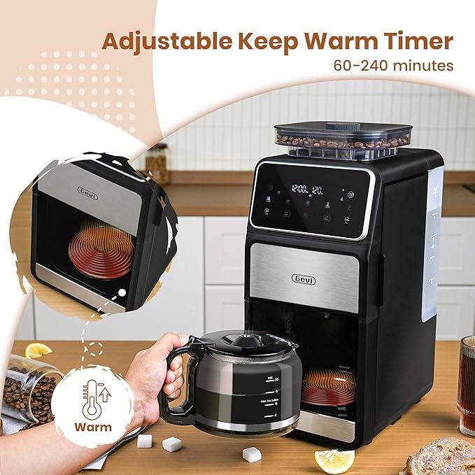 Gevi 10-Cup Drip Coffee Maker With Built-In Burr Grinder & Touch Screen | Programmable Brewing, 4-Hour Warming Plate, Permanent Filter, Included Glass Carafe for Fresh Grind-And-Brew Coffee at Home - Image 4