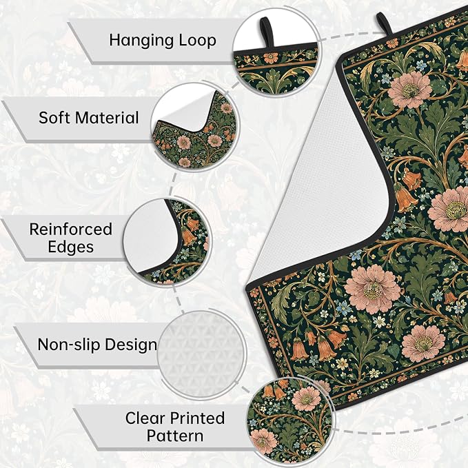 Vintage Floral Dish Drying Mat for Kitchen Counter Coffee Bar 18x24 in | Decorative Non Slip Absorbent Kitchen Dishes Drainer Mat, with Anti-slip Rubber Backing & Hanging Loop, for Sink, Home Gift - Image 3