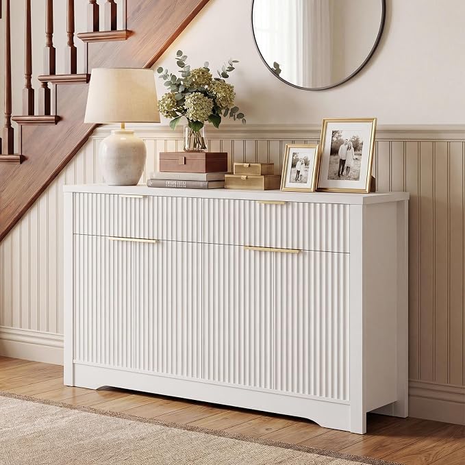 Cyclysio 55" Fluted Sideboard Buffet Cabinet with Drawers, White | Modern Accent Storage Console Table & Coffee Bar Station with Adjustable Storage Shelves for Dining Room, Kitchen, Entryway - Image 4