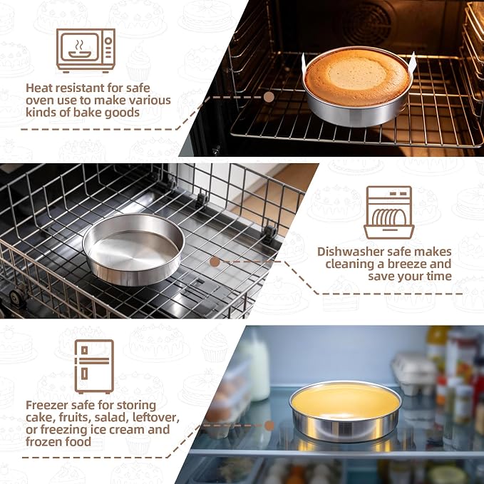 TeamFar 8 Inch Cake Pan Tins Set of 2, with 90 Pcs Parchment Paper | Stainless Steel Round Layer Cake Bakeware for Birthday Wedding, Non-Toxic & Easy Release, Mirror Finish & Dishwasher Safe - Image 4