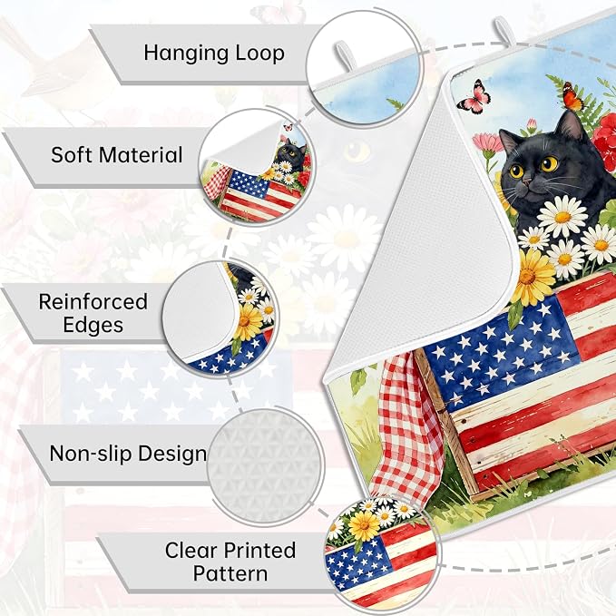 Patriotic Cats Dish Drying Mat for Kitchen Counter Coffee Bar 18x24 in | Decorative Non Slip Absorbent Kitchen Dishes Drainer Mat, with Anti-slip Rubber Backing & Hanging Loop, for Sink, Home Gift - Image 3