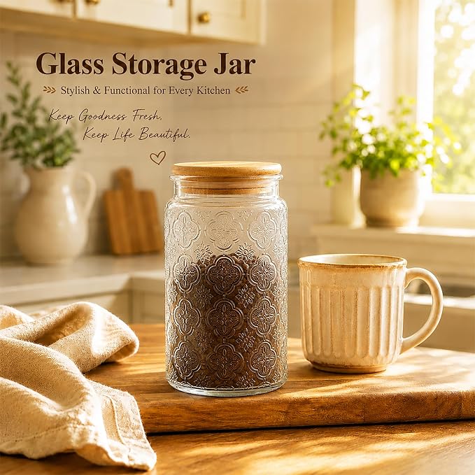 Glass Storage Jars With Airtight Lid, 35oz Canister For Kitchen Counter with Bamboo Lid, brown sugar, candy, coffee, cookie, salt, tea,pantry cute Jar (35oz Large Begonia Flowers) - Image 6