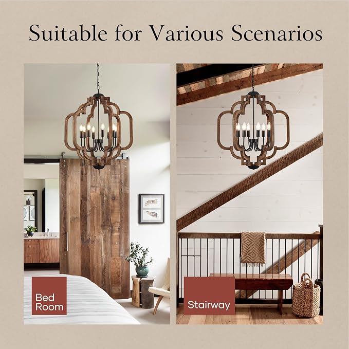 24.6" Farmhouse Vintage Chandelier 8-Light for Dining Room Rustic Handmade Wood Hanging Ceiling Pendant Light Fixture for Entryway Brown Retro Chandeliers for Kitchen Bedroom Foyer Hallway - Image 5
