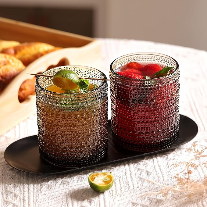Moretoes 10oz Gray Hobnail Drinking Glasses Set of 6 Cocktail Glasses | Vintage Old Fashion Glassware, Textured Glass Cups Bubble Glasses Water Glasses Jupiter Glasses Set - Image 5