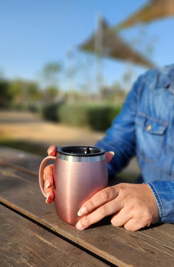 Stainless Steel Insulated Coffee Mugs Set of 2 (14 oz) – Double Wall Coffee Cups with Spill-Resistant Lid and Strong Handle, Shatterproof Cups for Cold Drinks & Hot Beverages - Rose Gold - Image 4