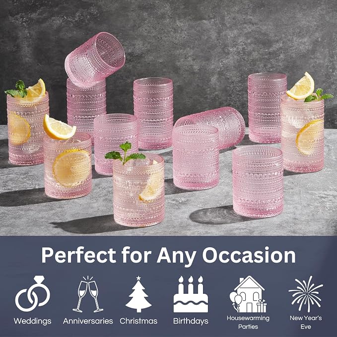 Khen Hobnail Beaded Highball Drinking Tumbler Glasses | Set of 12 | Pink Blush Color, Vintage Bubble Design Whiskey Glassware, Old-Fashioned, Embossed Design for Water, Wine, Cocktail, Rocks Glass - Image 2
