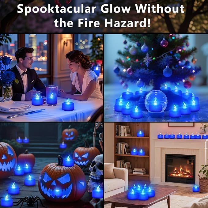 Tea Lights Battery Operated Candles LED Tea Lights Flameless Candles 200+ Hours Flickering Fake Tealights for Sweetest Day Wedding Home Decorations Party (Blue Base, 24 Pack) - Image 4