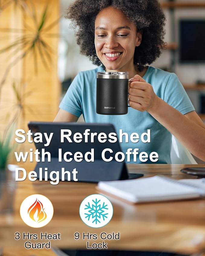 RAYMYLO Insulated Coffee Mug 12 oz, Spill-Proof & Detachable Slider Lid | Double Wall Stainless Steel with Thorough Clean Lid & Handle, Cold for 9 Hrs, Suitable for Camp Home Office - Image 4