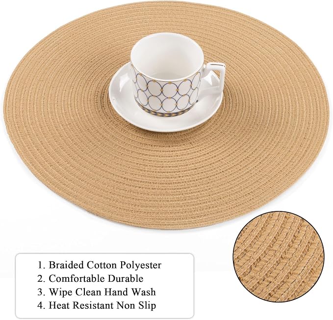SHACOS Round Placemats Set of 8 Washable 15 inch Round Placemat Cotton Polyester Woven Braided Table Place Mats for Dining Table Decor, Camel - Image 4