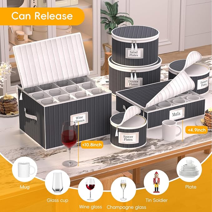 Fine China Storage Containers, 6 Piece Dish Storage Containers, Stackable Plate Storage, Coffee Mug Storage and Wine Glass Storage Box with Dividers, Quilted Dish Organizers, Grey - Image 6