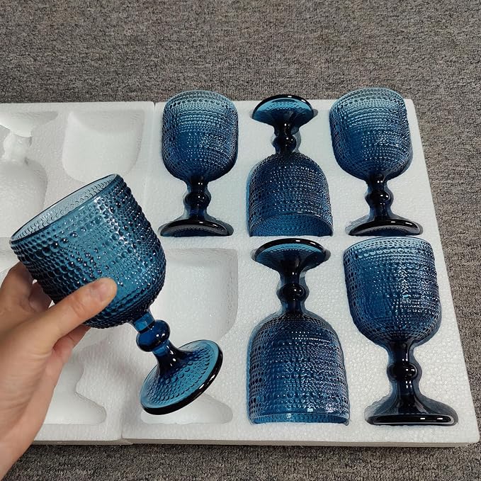 Taganov Glasses Drinking Wine Water Goblets Glassware set of 6 Vintage Stem Glasses Stemware 12 Ounces for Wedding Party Bar Twill Pattern Striped 350 ml (Blue) - Image 3