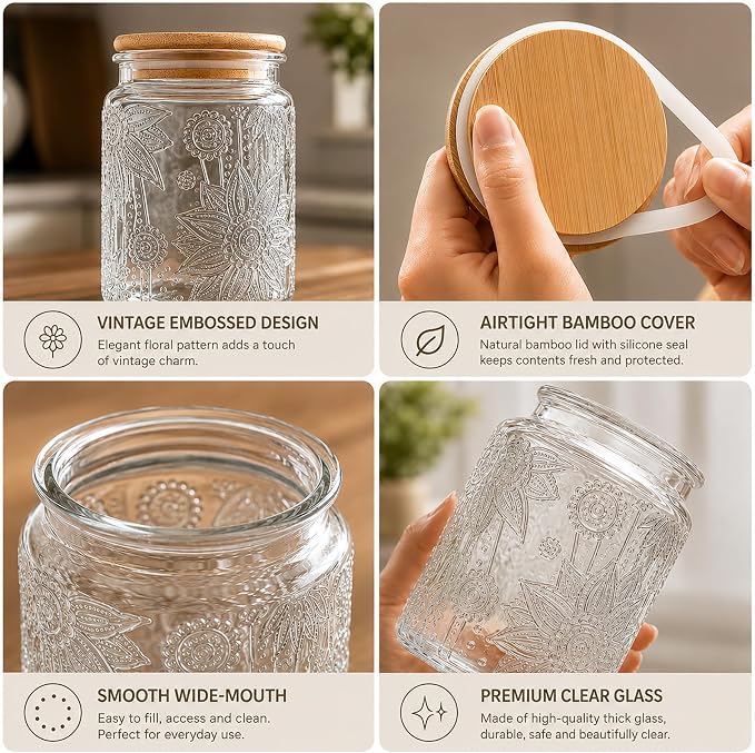 Vintage Glass Jars With Lids, 23.7oz Airtight Food Storage Containers,Kitchen Canisters For Sugar, Coffee, Tea, Spice, Flour, Candy Cookie, Pasta, Cereal, Cute Decorative Jars(Sunflower*1) - Image 5
