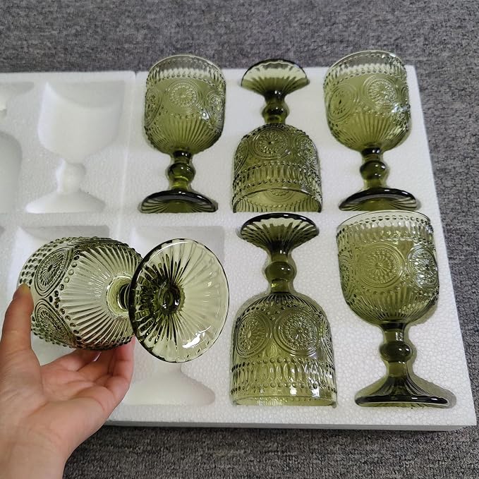Taganov Green Wine Glasses Drinking Water Goblets set of 6 Vintage Colored Glassware 12 Ounces Sunflower Stemmed Cups for Wedding Party Bars Restaurants - Image 7