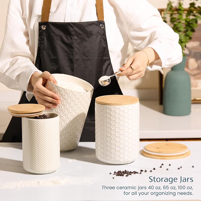 Kook Ceramic Storage Containers, Embossed Pantry & Bathroom Canisters with Airtight Bamboo Lids, Dishwasher Safe Stoneware Jars (40, 65, 100 oz), Set of 3, Narbonne Collection (Ivory) - Image 3