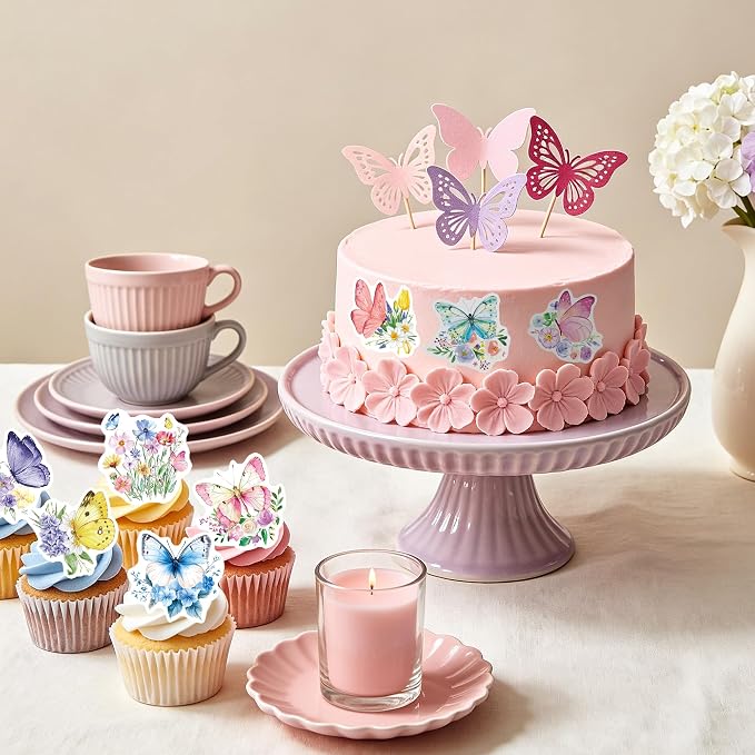 72Pcs Edible Butterfly Flower Cupcake Toppers Wildflower Cupcake Toppers Baby Shower Girl Butterfly Flower Floral Birthday Party Decoration Supplies - Image 4