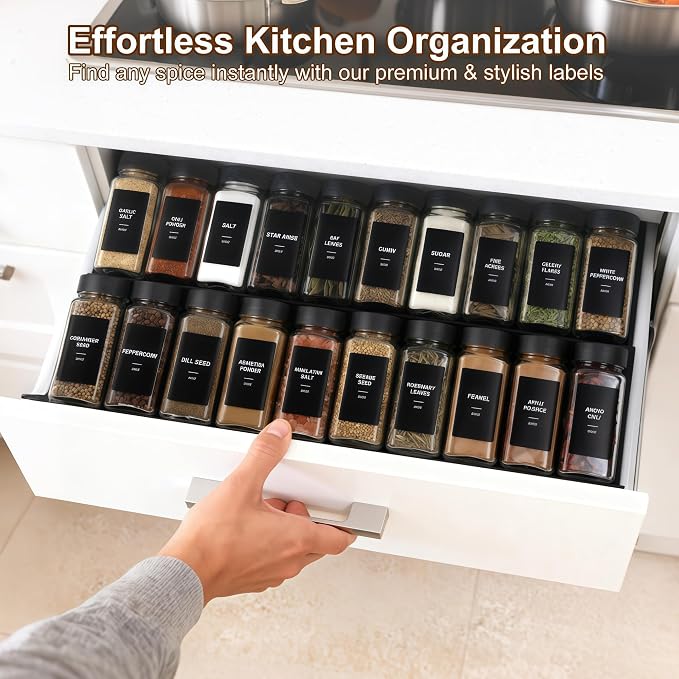 36 Spice Jars with Labels, 4 oz Seasoning Jars for Cabinets, Drawers, Racks | Lead-free glass seasoning containers with black airtight lids, and they are dishwasher safe - Image 3