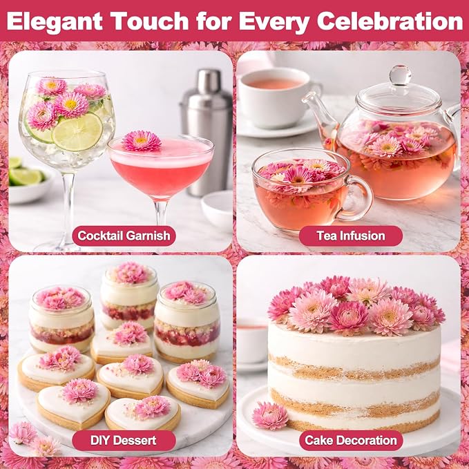50+ Edible Dried Flowers for Cake Decorations - Food Grade Dried Pink Strawflower Blooms for Cocktail Garnish & Cupcakes, Drink Toppers, DIY Crafts - Image 3