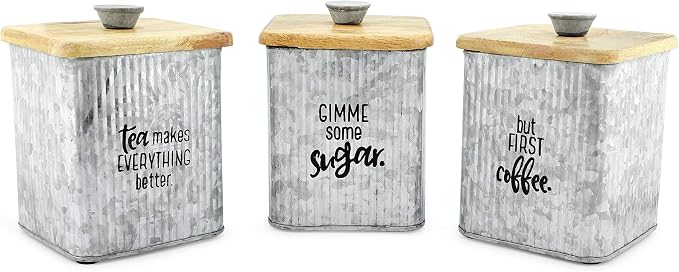 AuldHome Design Farmhouse Galvanized Canisters (Set of 3); Storage Containers for Coffee, Tea and Sugar in Galvanized Iron and Wood Design - Image 7