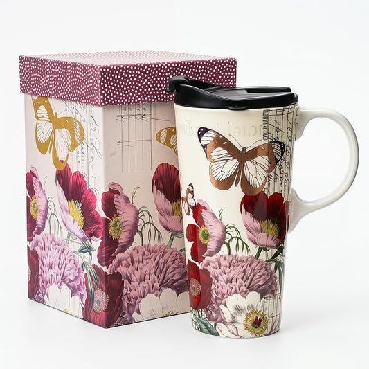 Topadorn 17oz Ceramic Travel Mug with Lid, Vintage Botanical Butterfly Mug | Vintage Botanical Butterfly Design, Comfortable Handle, Spill-Resistant Lid, Dishwasher Safe, Gift Box, Not Microwave Safe by Topadorn