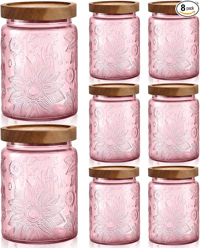 LemonRoad 8 Pcs Vintage Pink Glass Storage Jars 23.67 oz Candy Jar Canister with Solid Wood Lids Food Storage Container for Kitchen, Ground Coffee, Tea, Sugar, Decorative Mason Cookie Jar by Unknown