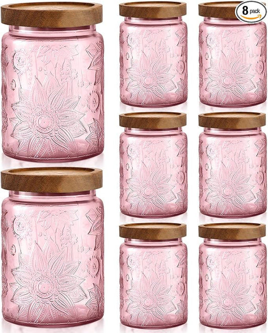 LemonRoad 8 Pcs Vintage Pink Glass Storage Jars 23.67 oz Candy Jar Canister with Solid Wood Lids Food Storage Container for Kitchen, Ground Coffee, Tea, Sugar, Decorative Mason Cookie Jar by Unknown