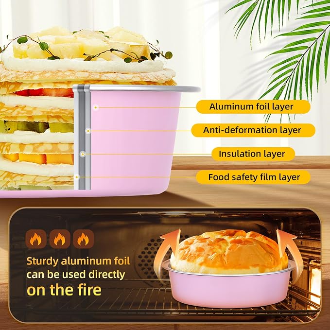 Beasea 7.3oz Mini Pie Pans with Lids, 120 Pack 4 Inch Disposable Creme Brulee Ramekins Small Aluminum Foil Pie Tart Cake Baking Tin Pans Cheesecake Containers for Party - Pastel Pink - Image 3