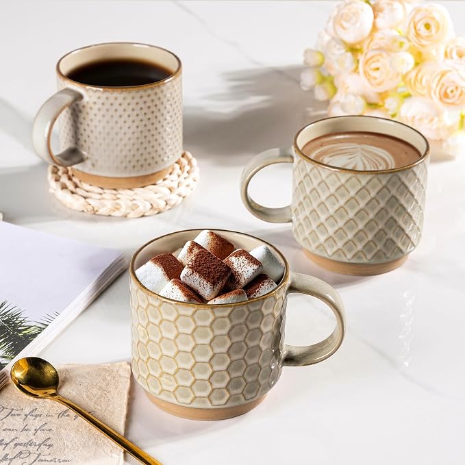 GBhome 15 OZ Stackable Coffee Mugs Set of 4, Ceramic Coffee Cups Set | 4 Assorted Designs, Embossed Mugs with Texture Patterns for Tea/Coffee, Dishwasher&Microwave Safe, Pale Khaki - Image 6