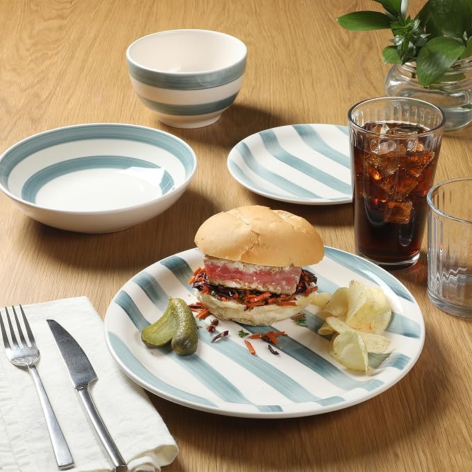 Gibson Home Kenwood Shores 16 Piece Dinnerware Set, Blue Striped, Hand-Painted Stoneware Dishes, Plates and Bowls, Service for 4, Microwave & Dishwasher Safe - Image 5