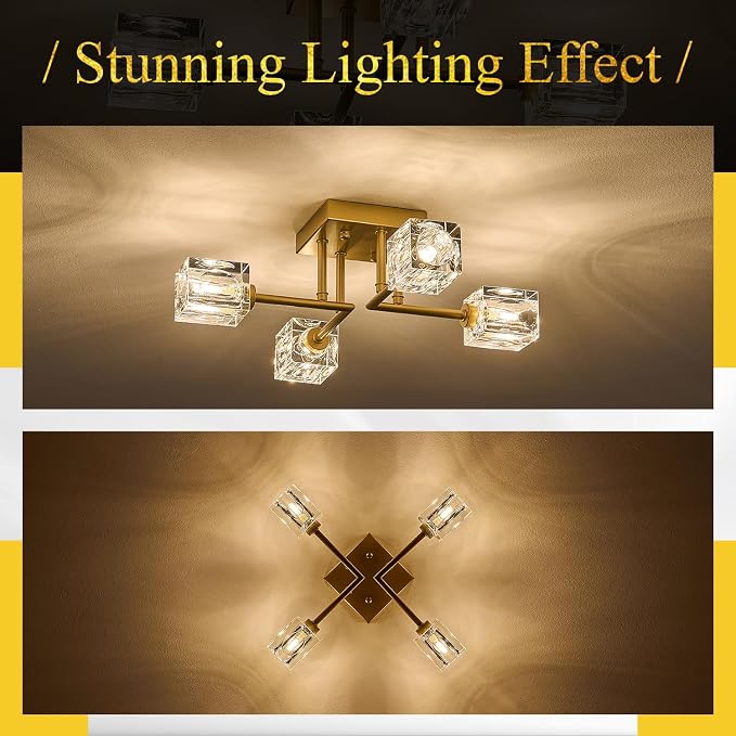 Modern Gold Sputnik Chandeliers 4-Light Crystal Semi Flush Mount Ceiling Light Fixture Industrial 18" Chandelier for Hallway Entryway Kitchen Bedroom Dining Room - Image 7
