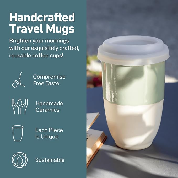 NOVA CERAMICS Travel Mug - Ceramic To Go Coffee Mug With Lid – Travel Mug Ceramic To Go Cup – Microwave & Dishwasher Safe Ceramic Coffee Mug With Lid - Gifts For Women Men Him Her – 12oz – Sage Green - Image 2