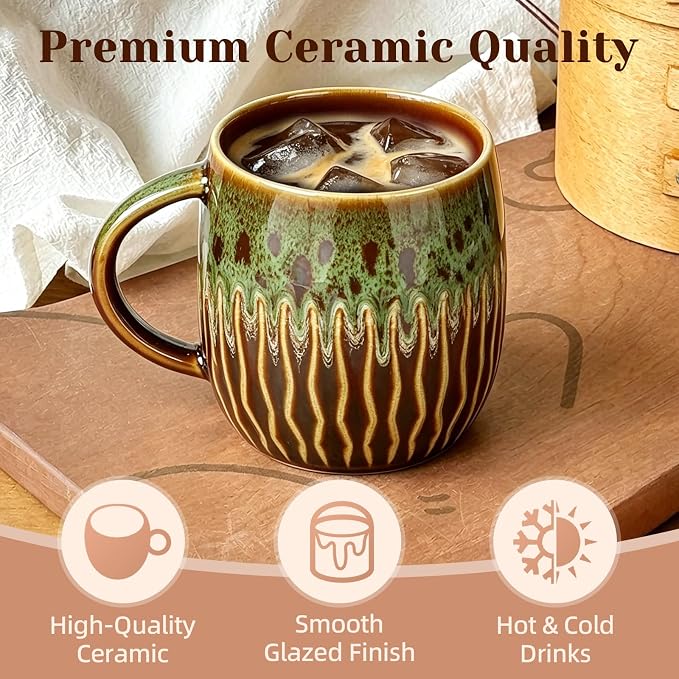 20oz Large Ceramic Coffee Mugs Unique Big Pottery Coffee Mug Microwave Safe Cool Stoneware Cups for Tea Latte Oversized Mug With Handle for Home Green Wide Clay Mugs for Men Fancy Handmade Ceramic Cup - Image 5