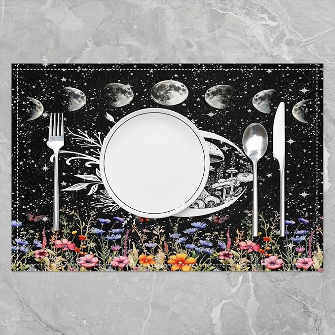 Feelyou Sun Moon Table Place Mats, Set Boho Exotic Mushroom Placemats Set of 4 Bohemian Botanical Placemat for Kitchen Dining Table Decor Indoor Outdoor for Women Men Galaxy 18"x12" - Image 2