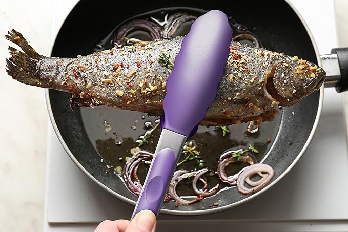 2 Pack Silicone Kitchen Tongs – 9" & 12" Set, Heat Resistant up to 500°F, Non‑Stick Cookware Safe, Wavy Silicone Tips, BPA Free, Locking Clip & Hanging Loop, Purple - Image 8