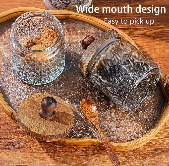 Vintage Glass Jars with Airtight Wood Lids & Handles - 16.9 OZ Set of 4 - Coffee Jars,Tea Canisters,Candy Jars for Flour,Sugar- Kitchen Pantry Containers (4, Rippling wheat pattern) - Image 2
