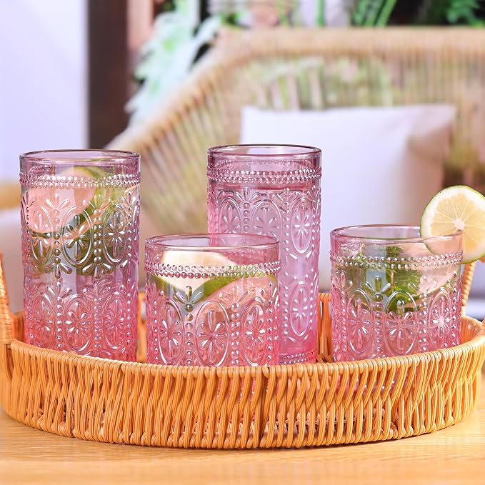 Darlion Vintage Glassware, Pink Drinking Glasses, 10oz Pink Glass Cups | Food Grade Glass, Lead-Free Glass, Durable&Sturdy, Vintage Decoration - Image 4