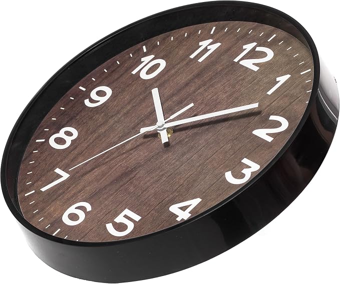 Decorative Modern Round Wood- Looking Plastic Wall Clock for Living Room, Kitchen, or Dining Room, Brown - Image 3