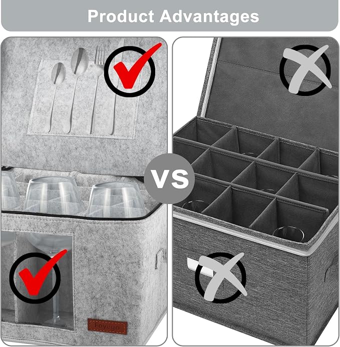 Foyego Wine Glass Storage Box with 24 Dividers, Light Gray, 2 Pack | Visible Window, Soft Handles, for Packing and Moving, Stackable Storage Containers for Stemware, Glassware, Crystal Glasses - Image 5