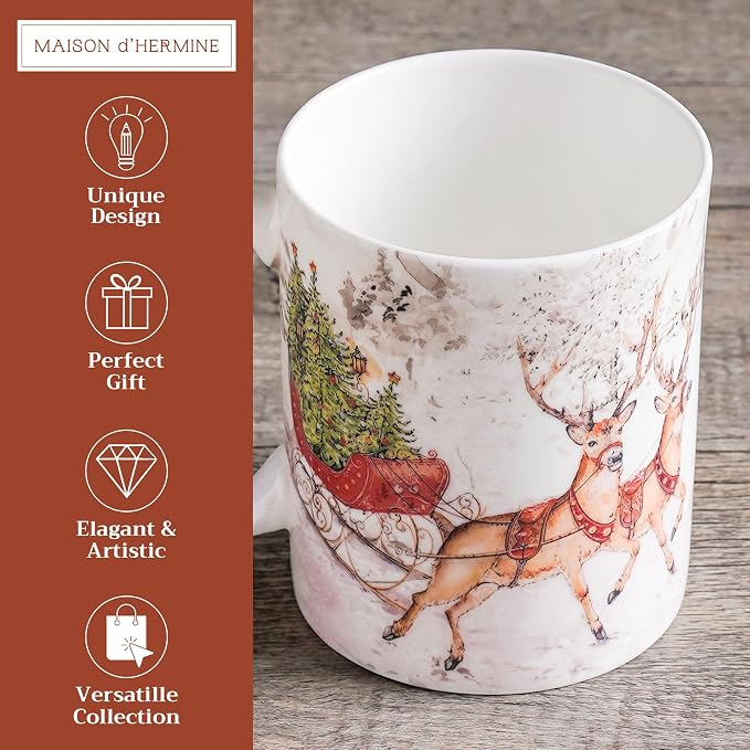 Maison d' Hermine Coffee Mug with Handles Tea Cups (15 Ounce, Pack of 1) | Fine Bone China Coffee Mugs for Hot Beverages Cappuccino Latte Home Hotel Spring Summer -Christmas Tradition - Reindeer - Image 2