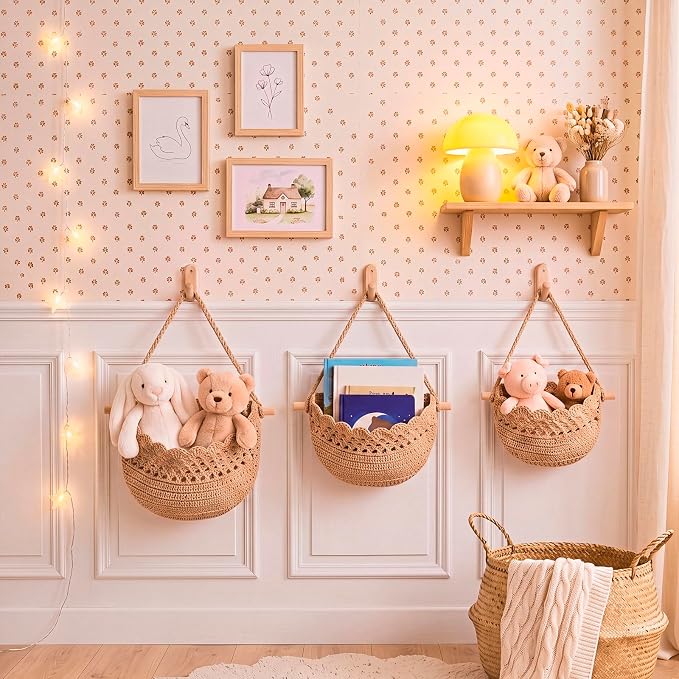 Honeydak Boho Decor Hanging Wall Baskets for Kitchen 3 Pack Teardrop Baskets with Hooks Storage Fruit Onion Vegetable Potato for Home(Dark Brown,Lace,Cotton Rope) - Image 3