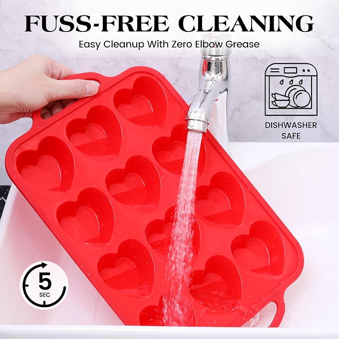 2 Pcs Heart Shaped Muffin Pan with Metal Reinforced Frame 12 Cup Nonstick Silicone Heart Cake Mold for Baking 2.5 Inch Cupcake Tray (Red) - Image 6