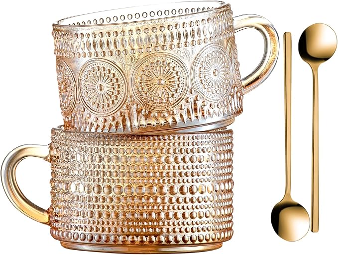 Gezzeny Vintage Coffee Mugs 14 Oz Set of 2 Amber Embossed Glass Tea Cups for Cappccino, Latte,Cereal, Yogurt, Beverage Christmas Thanksgiving Day Gifts by Gezzeny