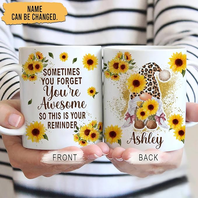 Hyturtle Personalized Gnome Mug Gifts For Gnome Lover, Thank You Gift Ideas | Cool Birthday Gifts For Women - Motivational Sunflower Custom Name 11oz White Ceramic Coffee Tea Mug, Comfort grip handle - Image 2
